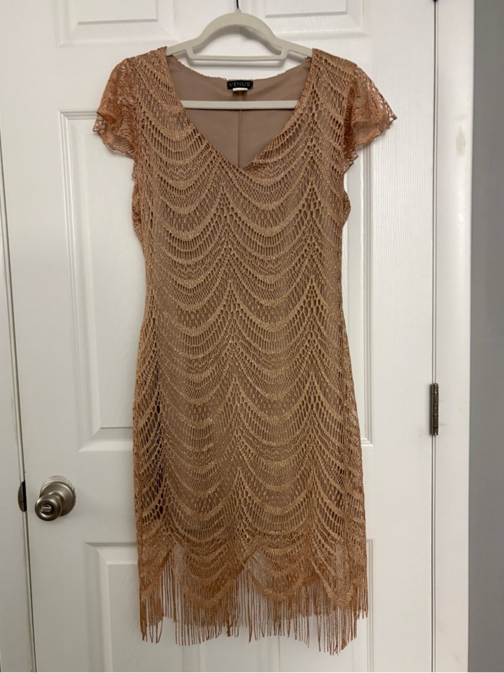 VENUS Champagne Lace Fringe Midi Dress